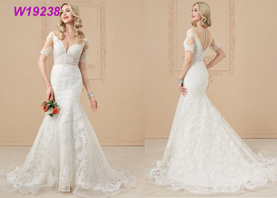 Mermaid Style Short Sleeve Wedding Dress / Sweep Train Mermaid Fishtail Dress