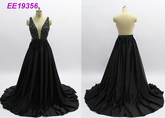 Sexy Women Long Black Prom Dresses , Sleeveless Black Ball Gown Prom Dresses