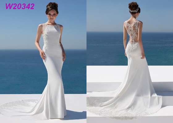 Slim Fitting A Line Ball Gown Wedding Dress Soft Crepe And Beaded Guipure Lace