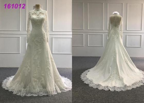 Vintage High Neck A Line Ball Gown Wedding Dress With Long Sleeves Zipper Back