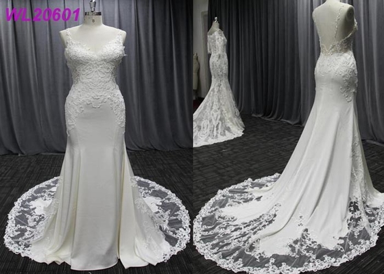 Spaghetti Strap Sleeveless Female Wedding Dress V Back Mermaid Lace Tulle Design