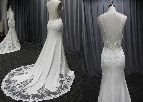 Spaghetti Strap Sleeveless Female Wedding Dress V Back Mermaid Lace Tulle Design