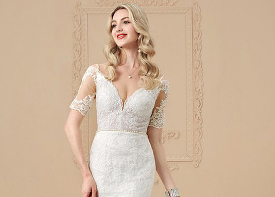 Mermaid Style Short Sleeve Wedding Dress / Sweep Train Mermaid Fishtail Dress