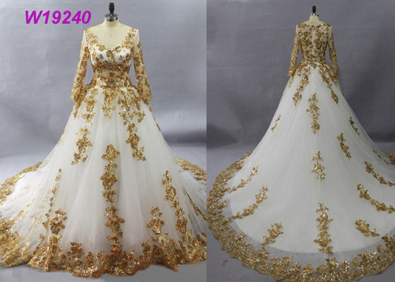 Golden Tulle Long Sleeve Lace Ball Gown Wedding Dress Applique Embroidered Design