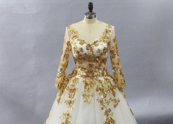 Golden Tulle Long Sleeve Lace Ball Gown Wedding Dress Applique Embroidered Design