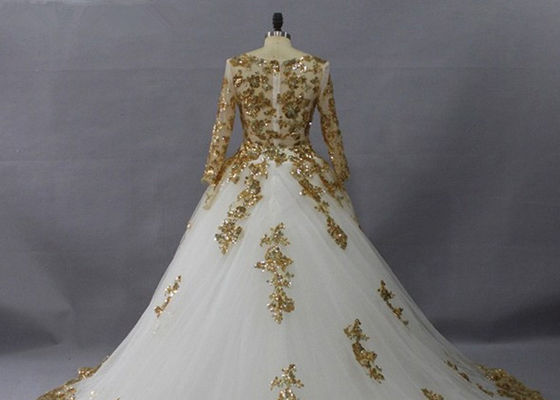 Golden Tulle Long Sleeve Lace Ball Gown Wedding Dress Applique Embroidered Design