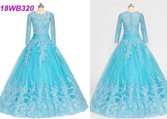 Muslim Style Blue Multi Colored Wedding Gowns With Lace Long Sleeves Zipper Back