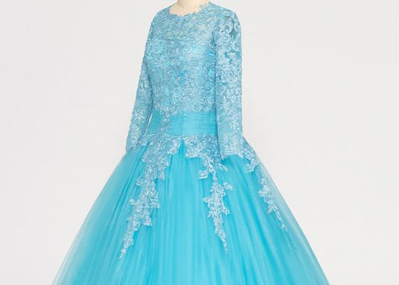 Muslim Style Blue Multi Colored Wedding Gowns With Lace Long Sleeves Zipper Back