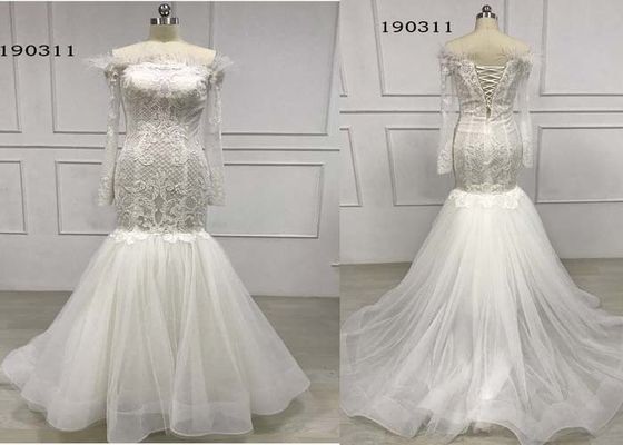 Strapless Long Sleeve Lace Mermaid Wedding Dress , Ostrich Feather Mermaid Wedding Dress