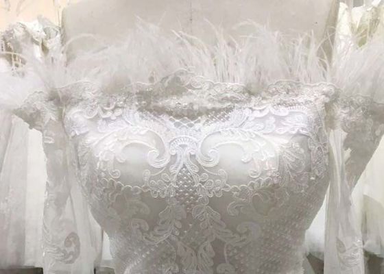 Strapless Long Sleeve Lace Mermaid Wedding Dress , Ostrich Feather Mermaid Wedding Dress