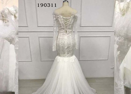 Strapless Long Sleeve Lace Mermaid Wedding Dress , Ostrich Feather Mermaid Wedding Dress