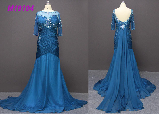 Fashion Navy Blue Bead Mermaid Mother Of The Bride Dresses OEM / ODM Design