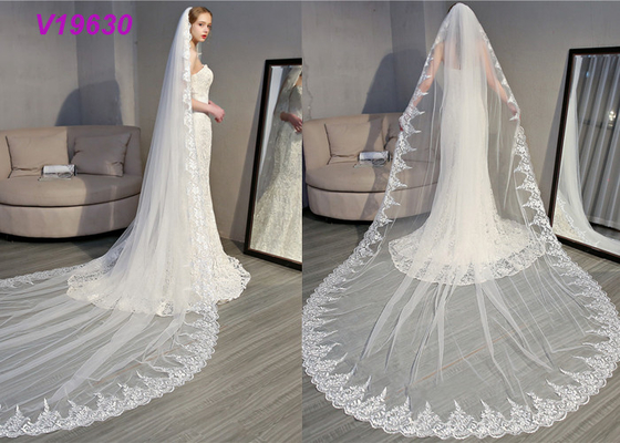 Gorgeous Lace Wedding Veil With Wide French , Embroidered Mesh Long Bridal Veils