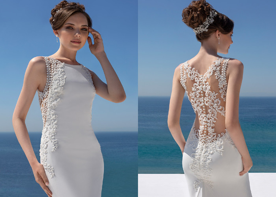 Slim Fitting A Line Ball Gown Wedding Dress Soft Crepe And Beaded Guipure Lace