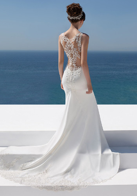 Slim Fitting A Line Ball Gown Wedding Dress Soft Crepe And Beaded Guipure Lace