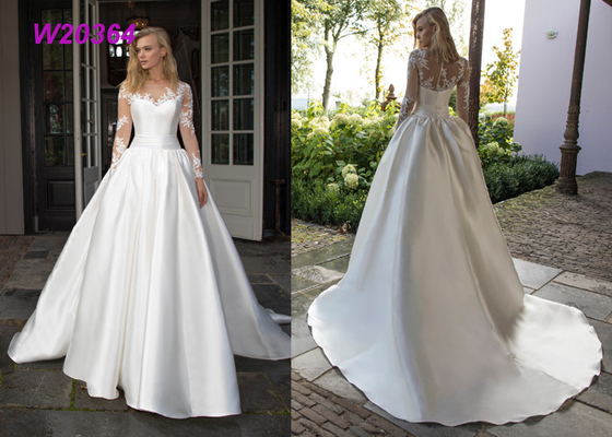 Modest Long Sleeve Wedding Dresses Turkey Scoop Satin Appliqued A-line Bridal Gown
