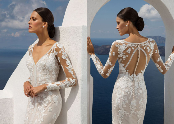 Beach Lace A Line Wedding Dress Appliques Long Sleeves Slit Side Lvory