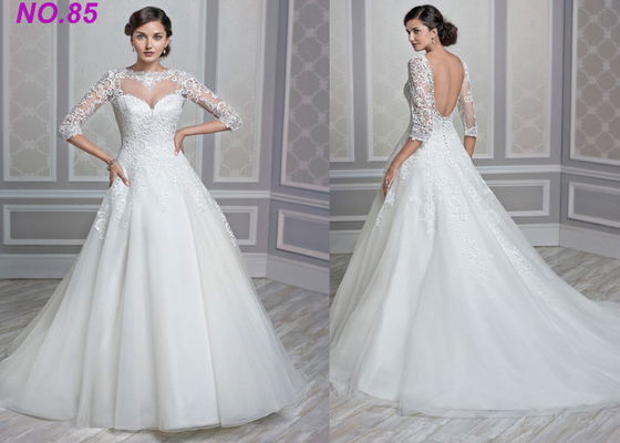 Vestido de casamento impressionante da princesa Noiva das mulheres do marfim com luvas e o trem longos
