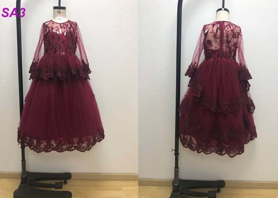 Vestidos do florista das crianças inspiradas flor do vermelho de vinho com as luvas longas perladas
