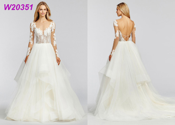 O laço longo do tule dos vestidos nupciais da praia das luvas Appliques o branco de vestidos do casamento