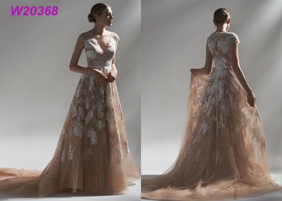 Laço colorido de Brown dos vestidos de casamento da bola o multi Appliques a veste longa dos vestidos nupciais