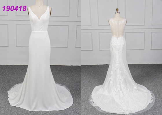 O vestido de casamento sem mangas Vestido do crepe De Noiva Laço Appliques o projeto da bainha