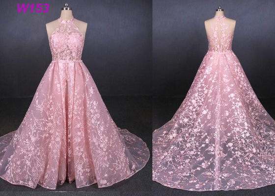 Vestido nupcial da cauda removível sem mangas sem costas cor-de-rosa do vestido de casamento do laço da cabeçada