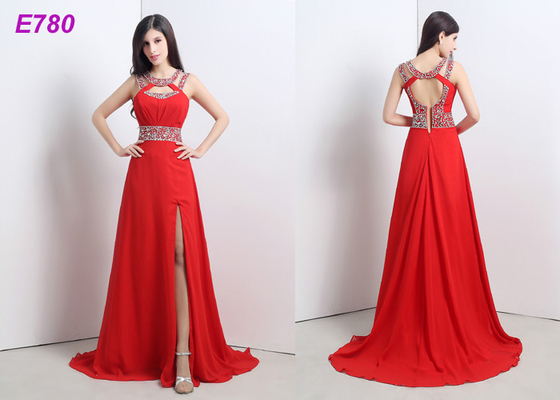 Vestido de cocktail "sexy" cortado vermelho que perla o vestido chiffon para o vestido de noite