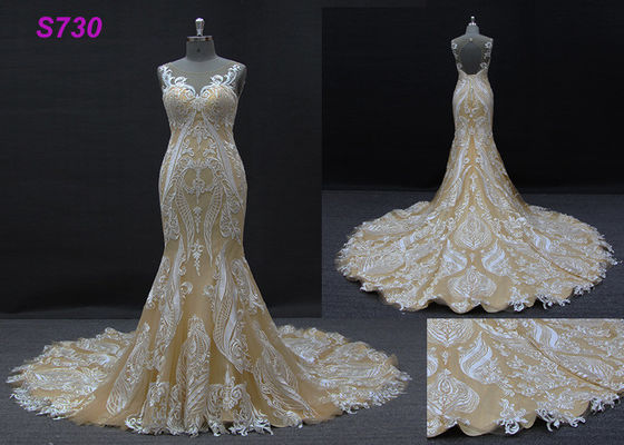 Vestido nupcial sem mangas de vestido de casamento da sereia da bainha da cor de champagne