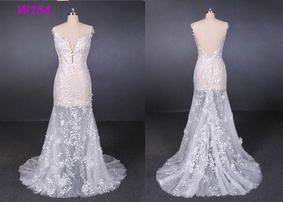 Fábrica personalizada transparente dos vestidos de casamento da aplicação do laço do tule feita